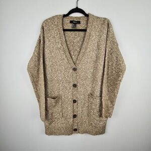 Forever 21 Womens Marl Tan Button Front Knit Long Cardigan Sweater Size S Pocket